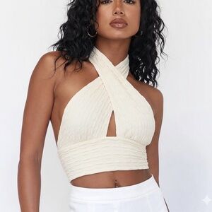 New PRINCESS POLLY Spring Cream White Textured Ruched Twist Halter Crop Top Sz 4